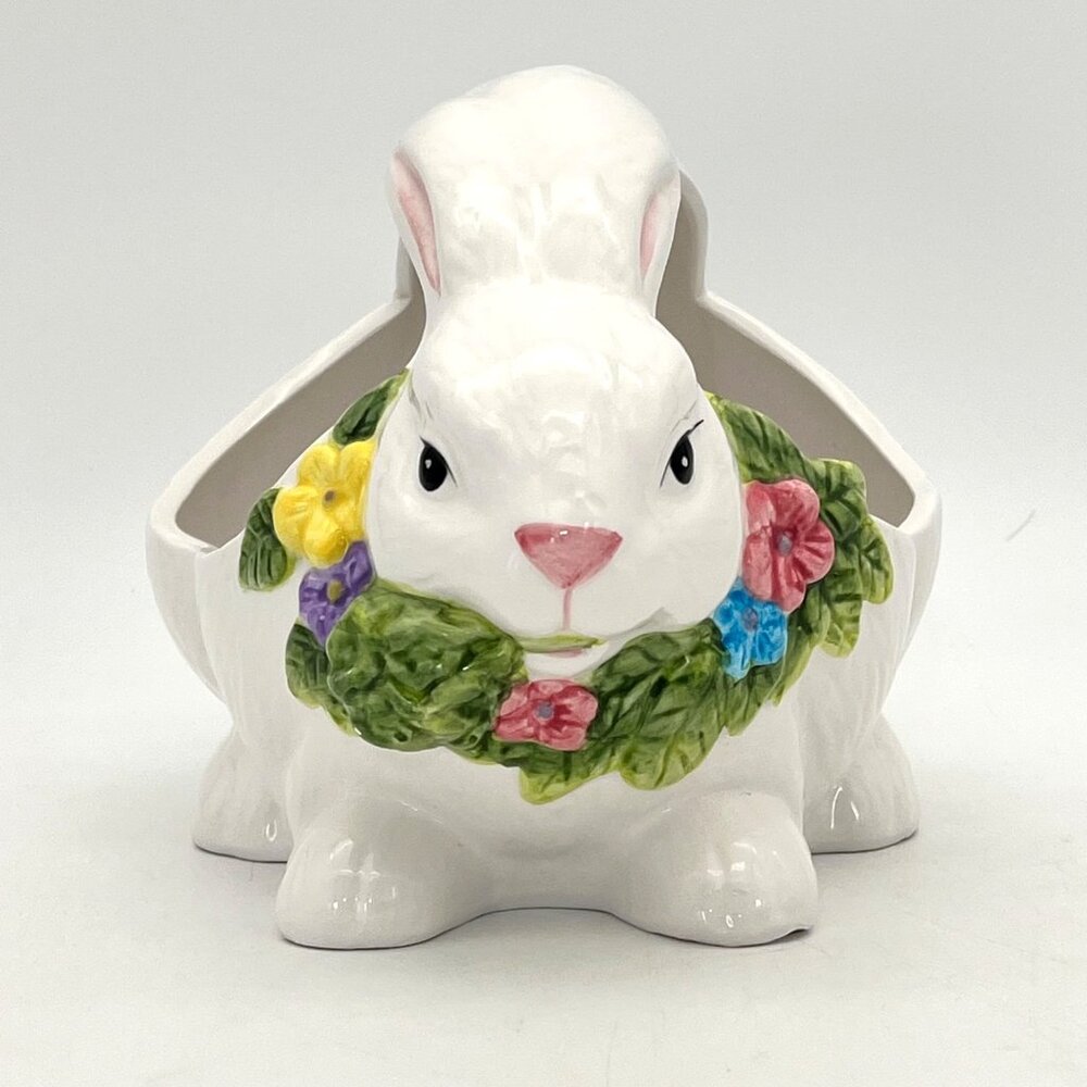Vintage Collectible Oxford Elite Ceramic Easter Bunny Basket Floral Design Decor - Picture 2 of 14